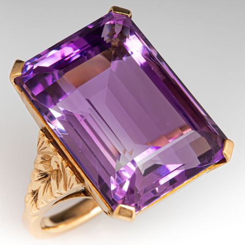 Hand Engraved Vintage Amethyst Cocktail Ring 14K Yellow Gold