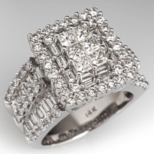 Rectangular Face Diamond Cluster Ring 14K White Gold