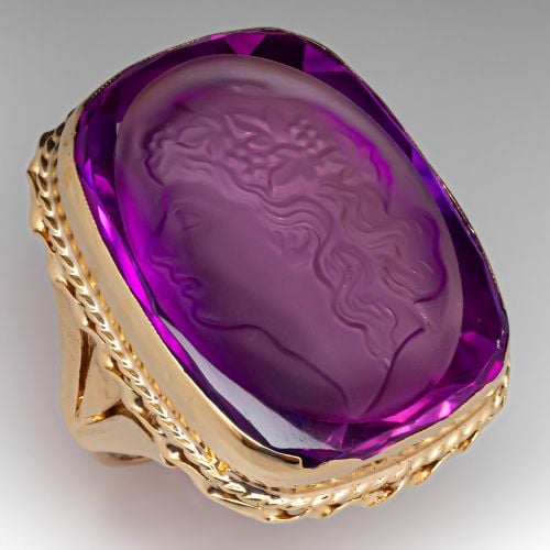 65 Carat Lab Created Pink Sapphire Intaglio Ring 14K Yellow Gold