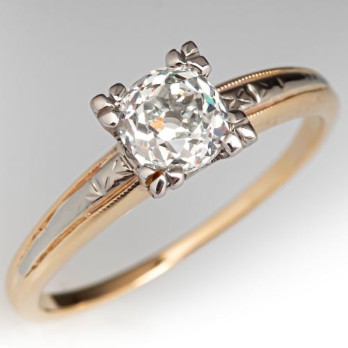 Two Tone Old Mine Diamond Engagement Ring 14K Yellow & White Gold