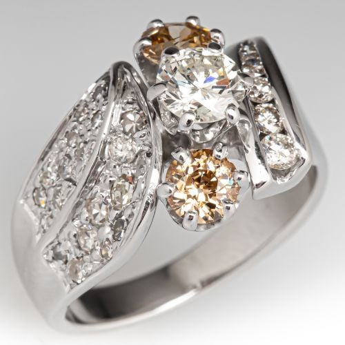 Retro Three Stone Diamond Ring 18K White Gold
