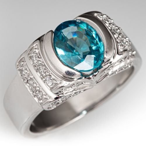 Oval Blue Zircon & Diamond Ring 14K White Gold