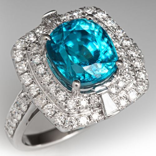 Cushion Cut Blue Zircon Double Diamond Halo Ring 14K White Gold