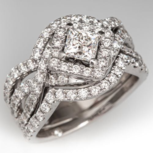 "Leo" Princess Cut Diamond Three Ring Wedding Set 14K White Gold 