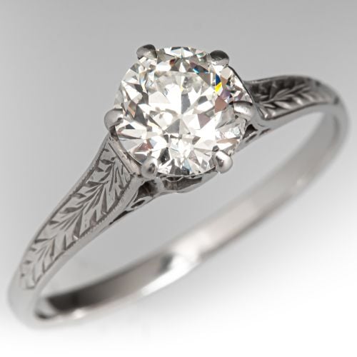 Old Euro Solitaire Diamond Engagement Ring Platinum .80Ct I/I1