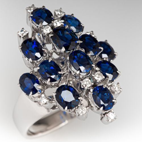 Stunning Sapphire & Diamond Cluster Ring 18K White Gold 