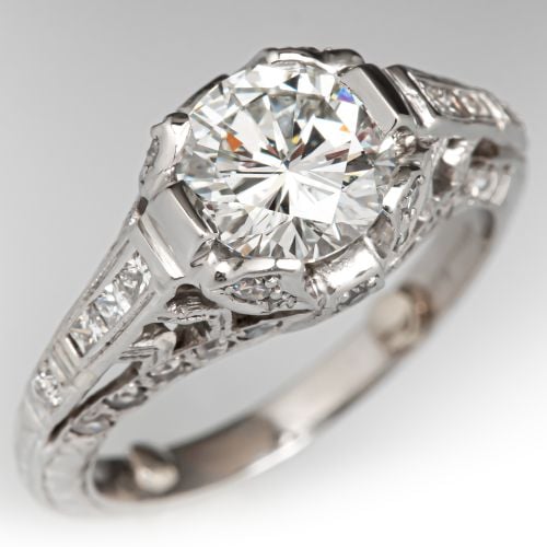 Vintage Style Engraved Diamond Engagement Ring Platinum