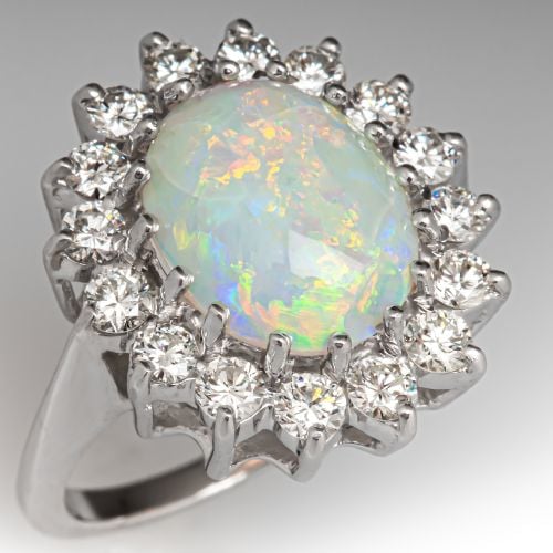 Australian Crystal Opal & Diamond Halo Ring 14K White Gold 