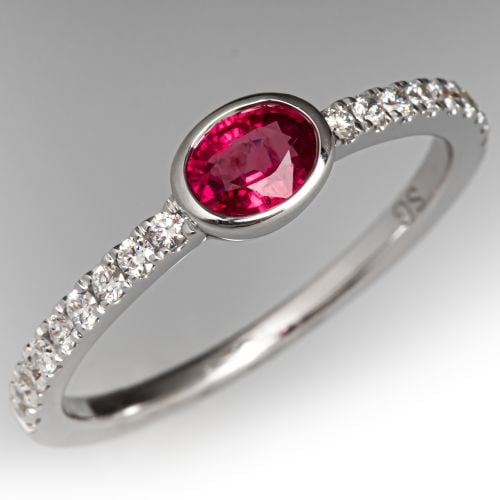 East to West Set Oval Ruby & Diamond Ring 14K White Gold