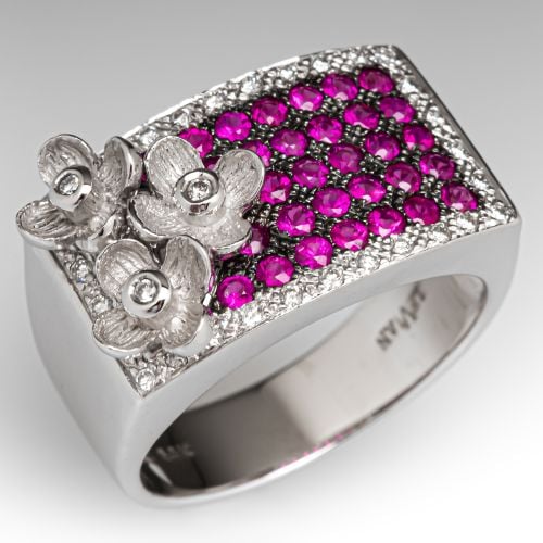 Floral Ruby & Diamond Statement Ring 14K White Gold