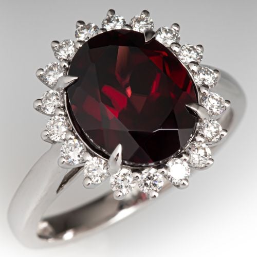 Oval Cut Red Zircon Diamond Halo Ring 14K White Gold