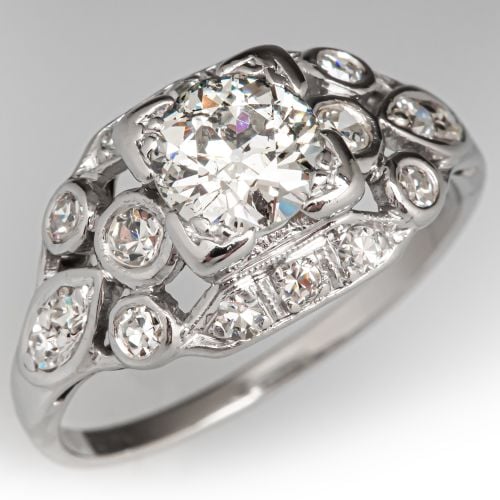 Circa 1930s Old Euro Diamond Engagement Ring Platinum