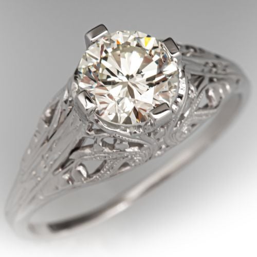 Vintage Pierced Diamond Engagement Ring 18K White Gold 
