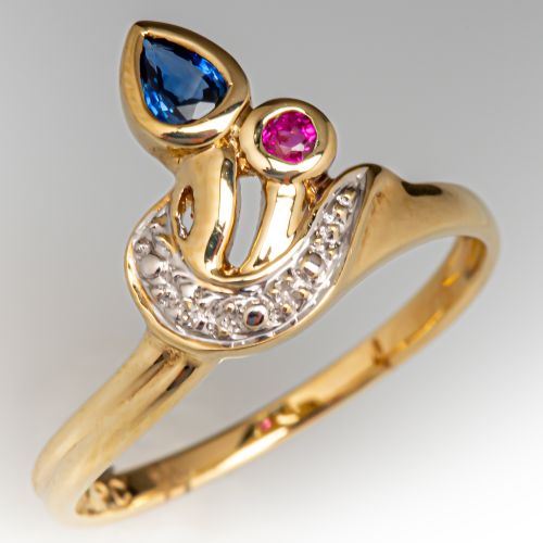 Sapphire & Ruby Ring w/ Diamond Accent 14K Yellow Gold