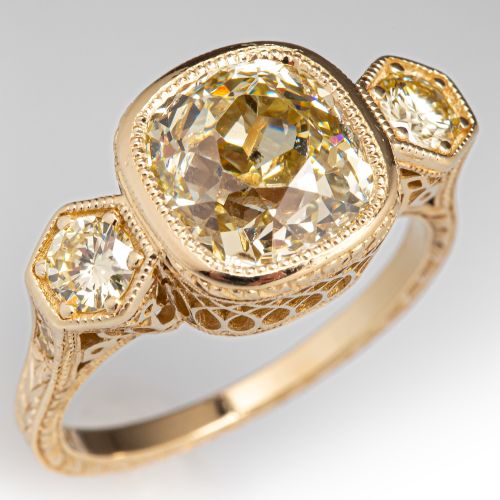3 Carat Fancy Light Yellow Cushion Diamond Ring 14K Yellow Gold GIA