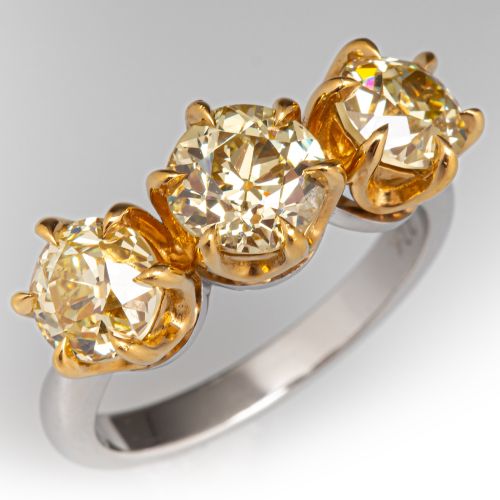 Three-Stone Fancy Light Yellow Old Euro Diamond Engagement Ring Platinum/ 22K Yellow Gold 