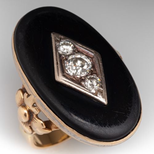 Antique Onyx & Old Euro Diamond Statement Ring 14K Yellow Gold