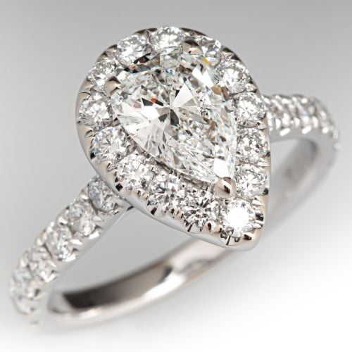 Pear Diamond Halo Engagement Ring 18K White Gold .85Ct G/I1 GIA