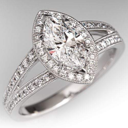 Marquise Diamond Halo Engagement Ring Platinum .99Ct E/SI2 GIA 