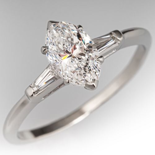 Vintage Marquise Diamond Engagement Ring 14K White Gold 1.11Ct E/I1 GIA