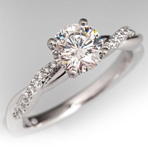 Cross Shoulder Diamond Engagement Ring 14K White Gold .96Ct G/SI1 GIA
