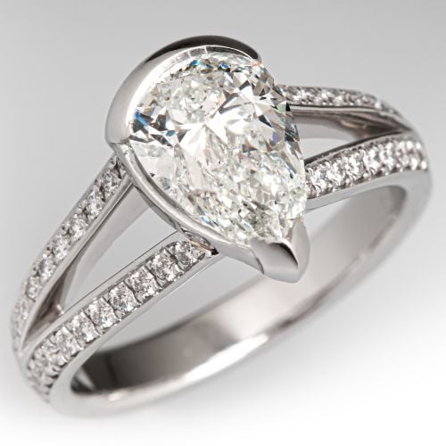 Split Shoulder Pear Diamond Engagement Ring Platinum 1.51Ct H/SI2 GIA