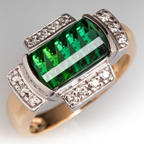 Fantasy Cut Green Tourmaline Ring w/ Diamond Accents 14K Two Told Gold