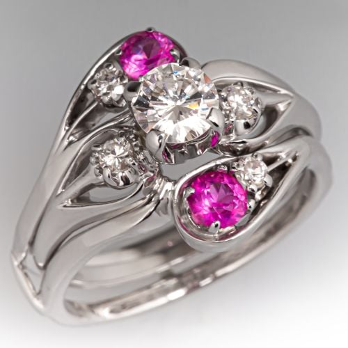 Diamond & Pink Sapphire Engagement Set w/ Ring Guard 14K White Gold