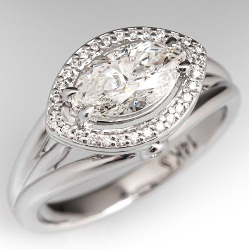 East-to-West Set Marquise Diamond Halo Engagement Ring 14K White Gold