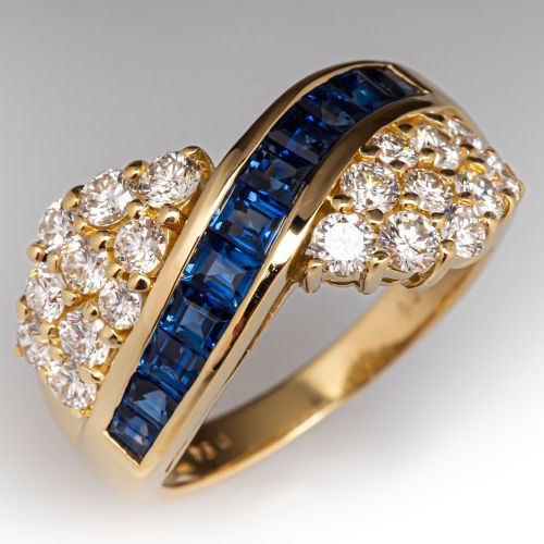 Curved Channel Sapphire & Diamond Ring 18K Yellow Gold