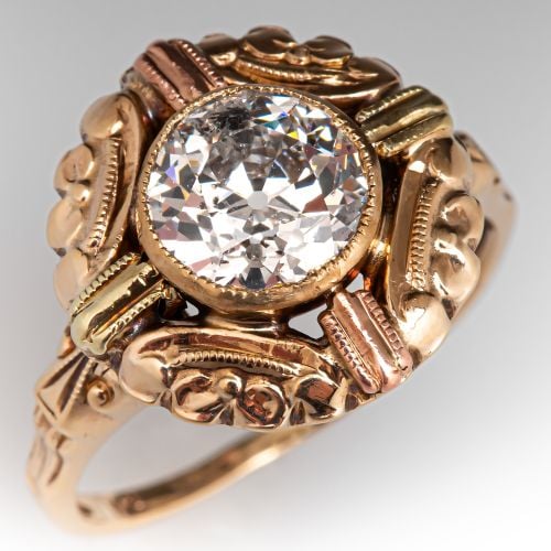 1940s Old Euro Diamond Engagement Ring Tri Tone Gold 1.51Ct F/I2 GIA