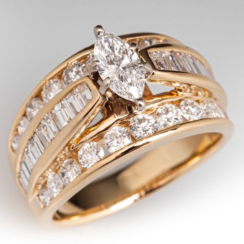 Marquise Diamond Cathedral Engagement Ring 14k yellow gold