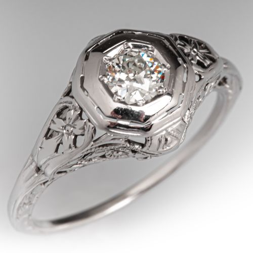 Circa 1930s Diamond Filigree Engagement Ring 18K White Gold