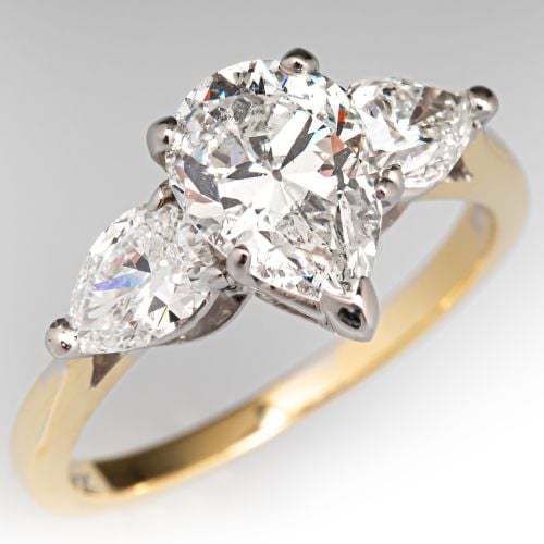 Three Stone Pear Diamond Engagement Ring 18K Yellow Gold/Platinum 1.50Ct I/I1 GIA