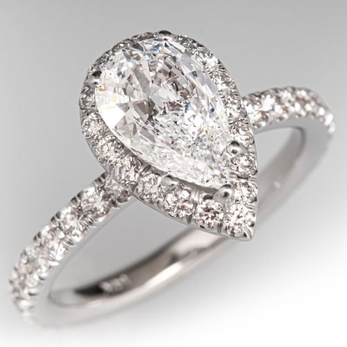 Pear Diamond Halo Engagement Ring 14K White Gold .76Ct D/I1 GIA