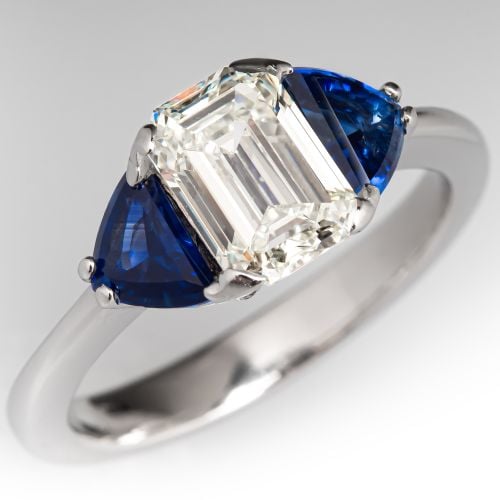 Emerald Cut Diamond & Trillion Sapphire Engagement Ring Platinum 1.55Ct M/VS1 GIA