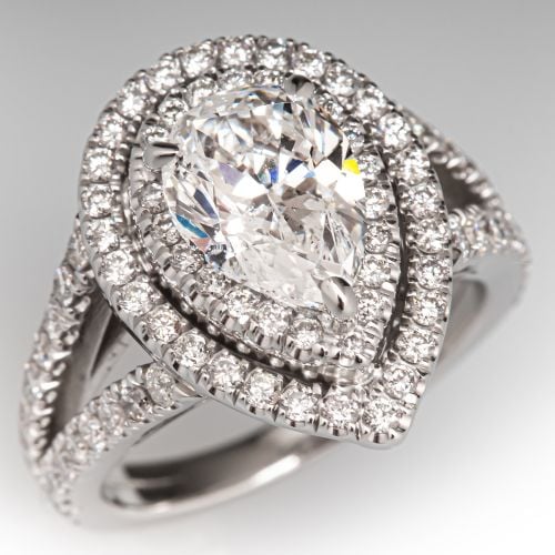 Double Halo Pear Diamond Engagement Ring 14K White Gold 1.61Ct E/I1 GIA