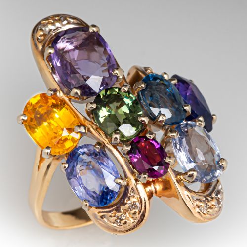 Colorful Sapphire & Diamond Ribbon Ring 14K Yellow Gold