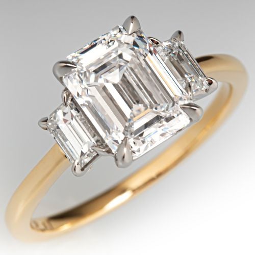 2 Carat Emerald Diamond Three Stone Engagement Ring 18K Yellow Gold/ Platinum 2.01Ct D/VS2 GIA
