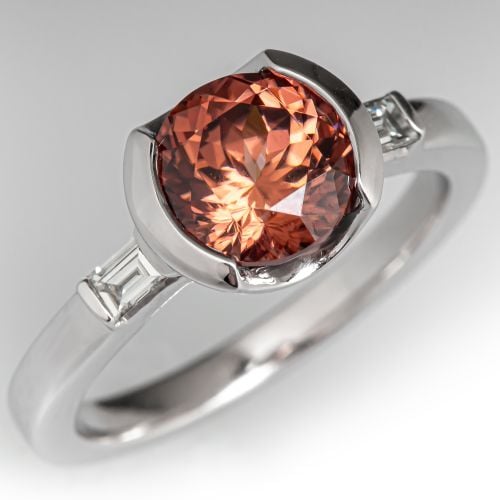 Reddish Orange Zircon & Diamond Ring 14K White Gold
