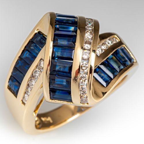 Sapphire Baguette & Diamond Ribbon Ring 14K Yellow Gold