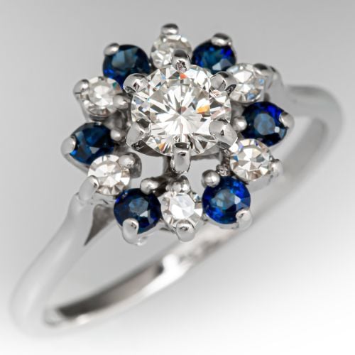 Flower Motif Diamond & Sapphire Ring 14K White Gold