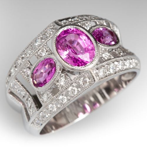 Stylish Pink Sapphire & Diamond Wide Band Ring 14K White Gold 