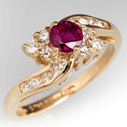 Flattering Bypass Ruby Ring w/ Diamond Accents 14K Yellow Gold