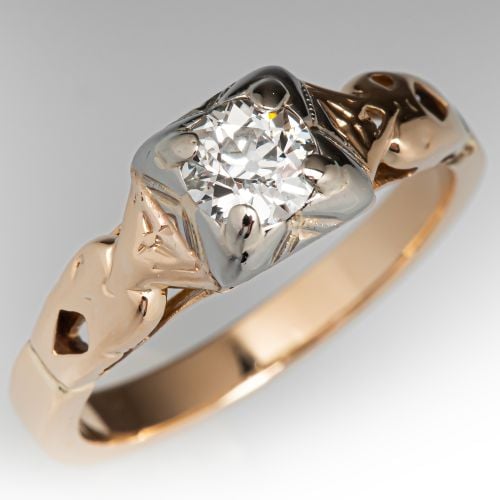 1940s Old Euro Diamond Engagement Ring 14K Yellow Gold
