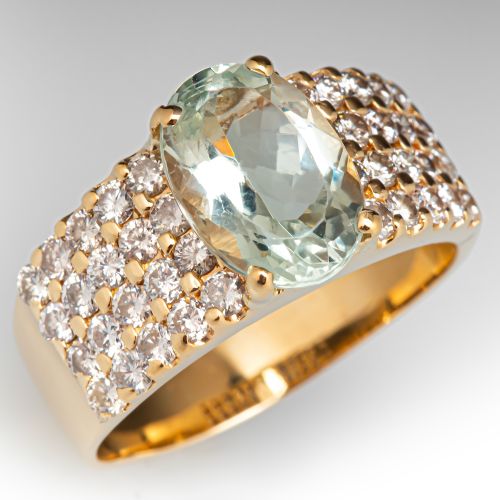 Wide Band Prasiolite & Diamond Ring 14K Yellow Gold