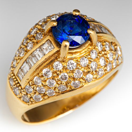 Vintage Sapphire & Diamond Dome Ring 18K Yellow Gold