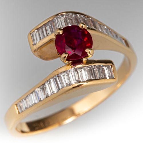 Stylish Ruby & Baguette Diamond Bypass Ring 14K Yellow Gold