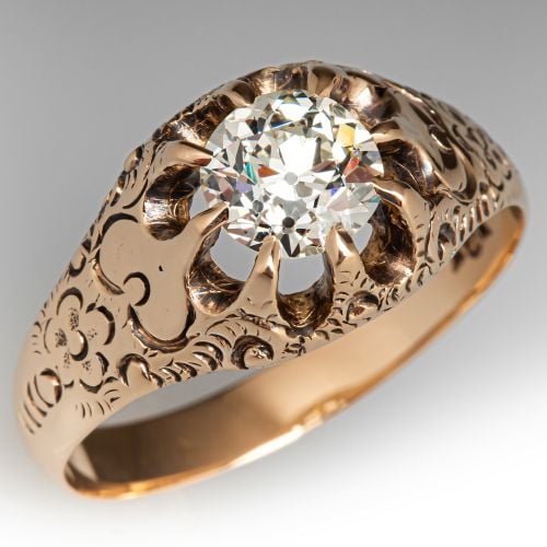 Late Victorian Old Mine Cut Diamond Engraved Yellow Gold Ring 1.23ct K ...