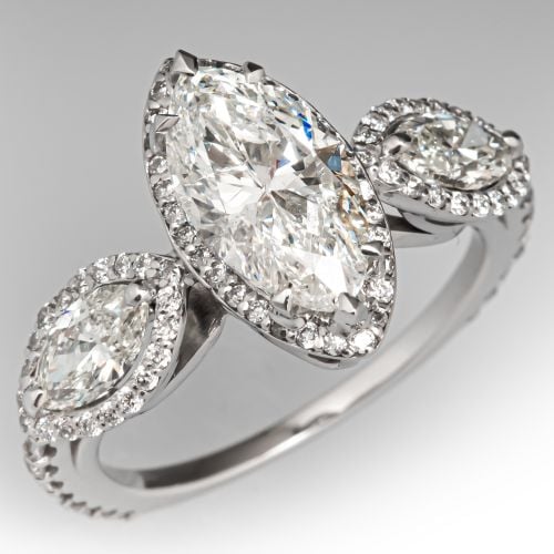 Three Stone Marquise Diamond Engagement Ring 14K White Gold 2.14Ct I/I1 GIA